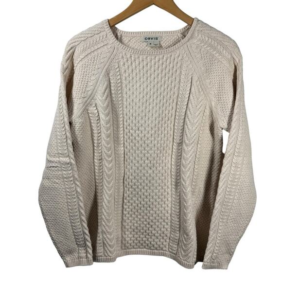 Orvis Sweater Women M Cream 45345 Cable Knit Long Sleeve Crew Coastal Spring Top - Picture 1 of 7